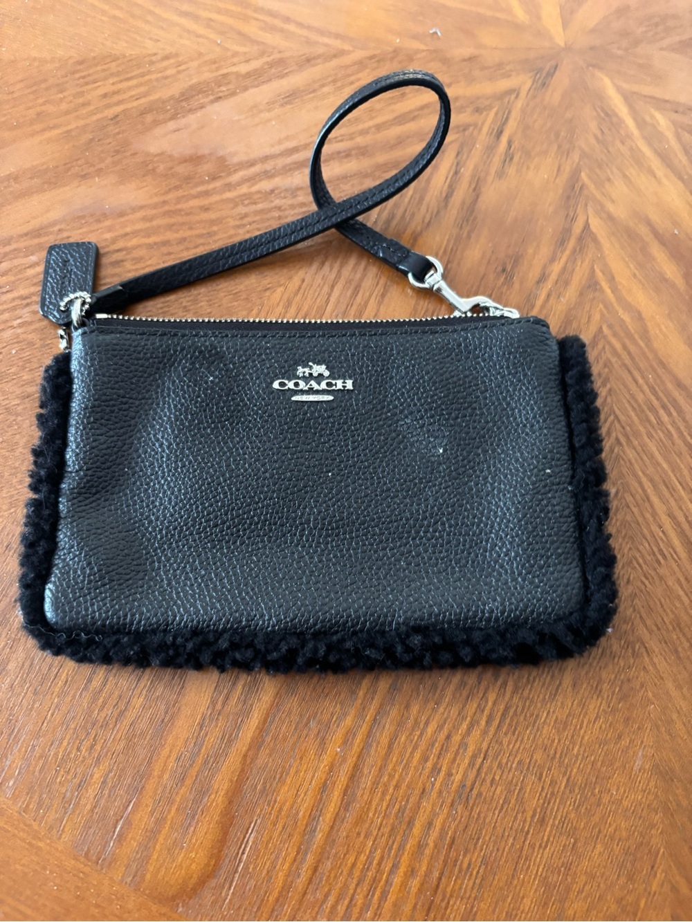 Coach Black Pebbled Leather Wristlet with Shearling Trim